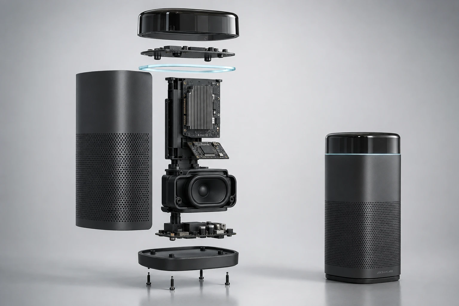 Exploded concept of the separate optional speaker extension, with glass crown, microphone electronics, processor and speaker assembly