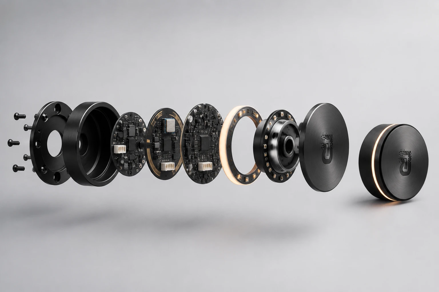 Exploded concept of the original circular ArcOne knob showing the brushed-black face, rotary mechanism, amber light ring, circuit boards and wall mount