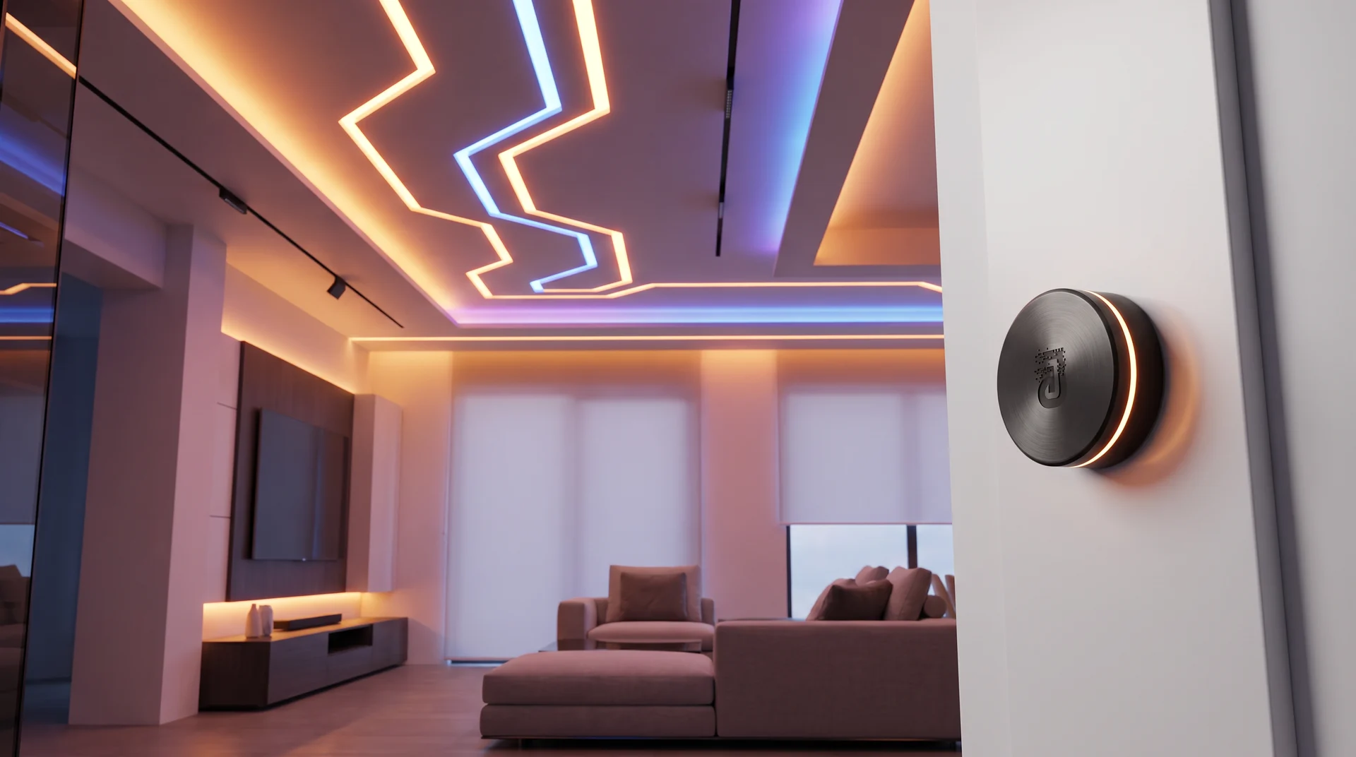 Original circular brushed-black ArcOne knob with an amber ring on a living-room wall