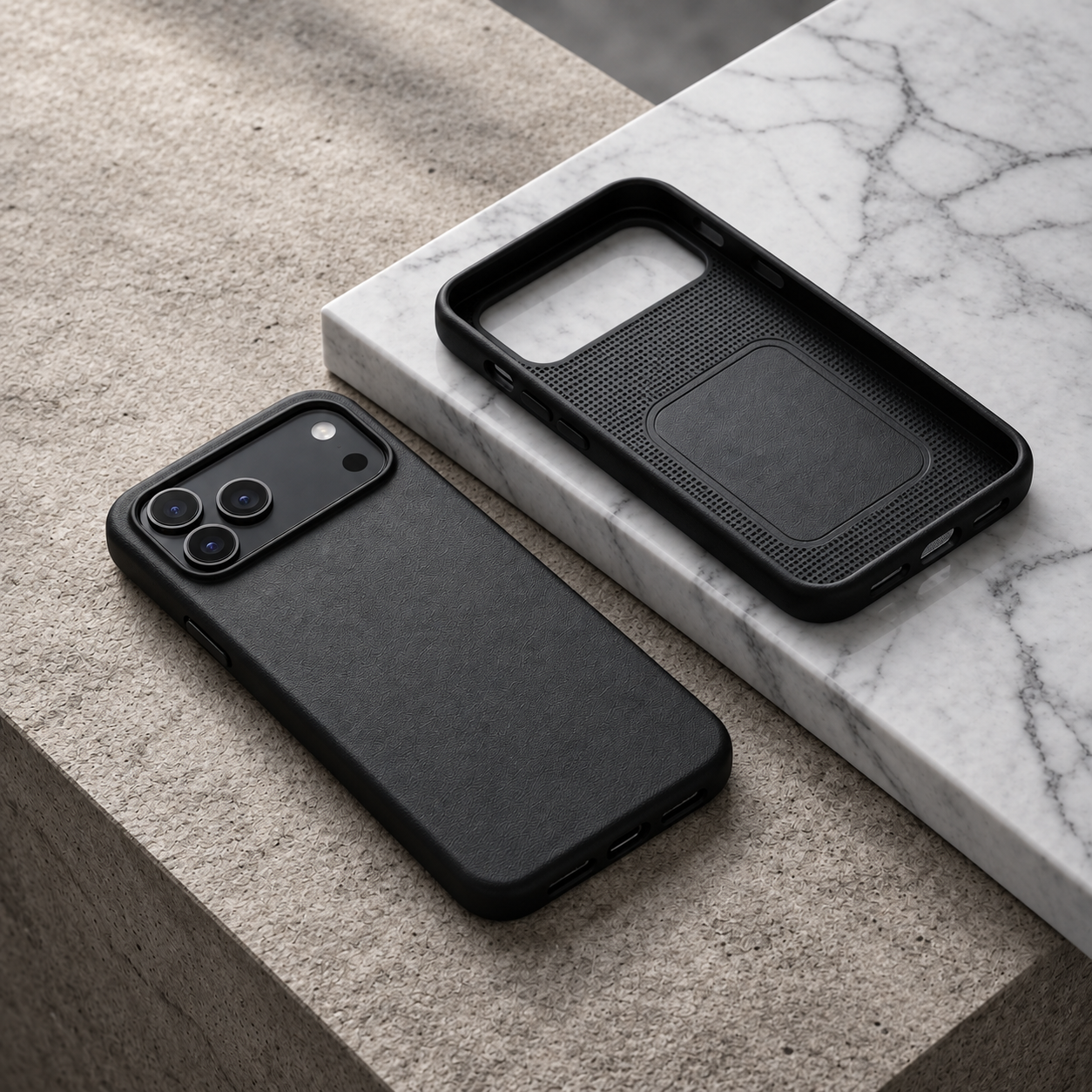 Minimal black iPhone case on stone and marble