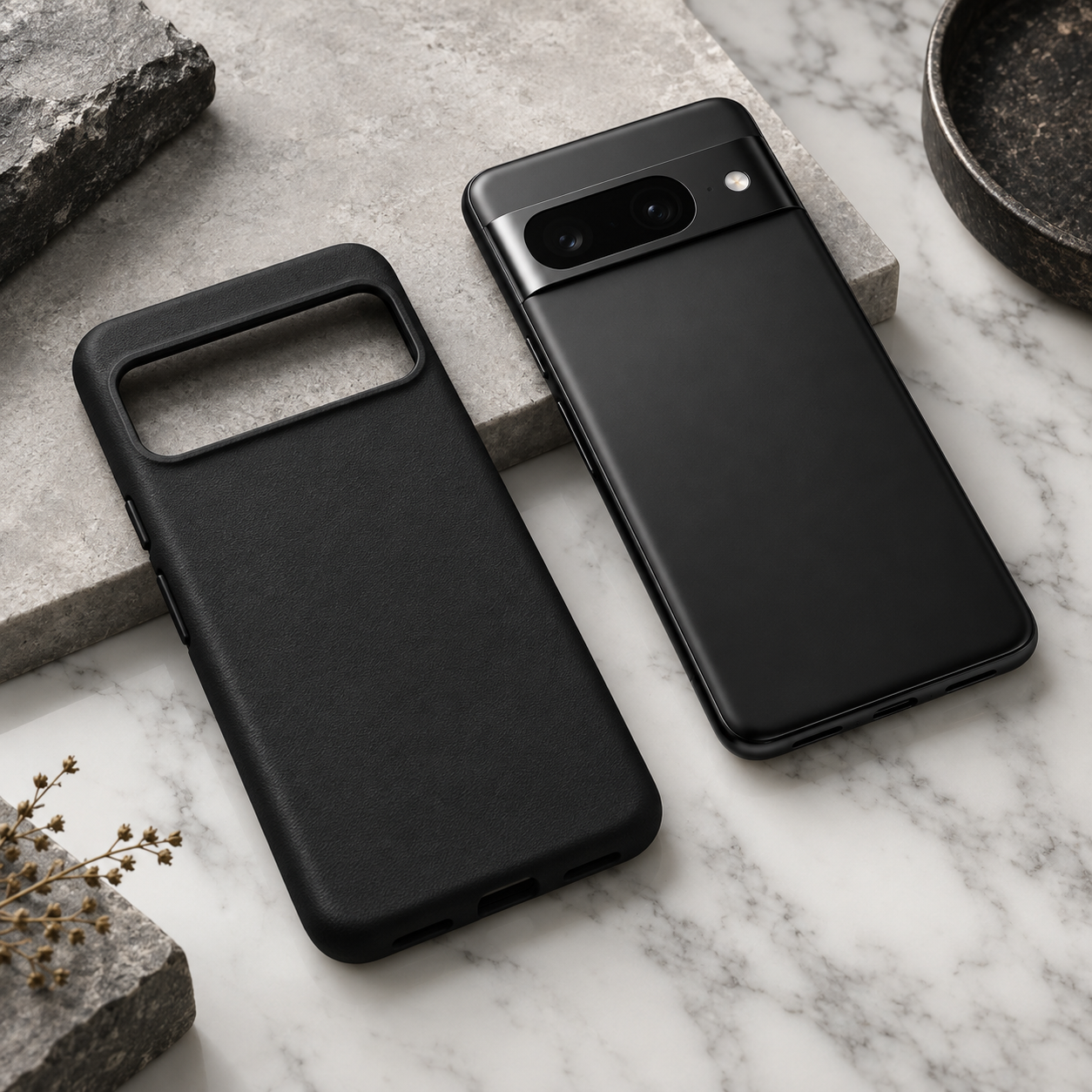 Minimal black Google Pixel phone case on stone and marble