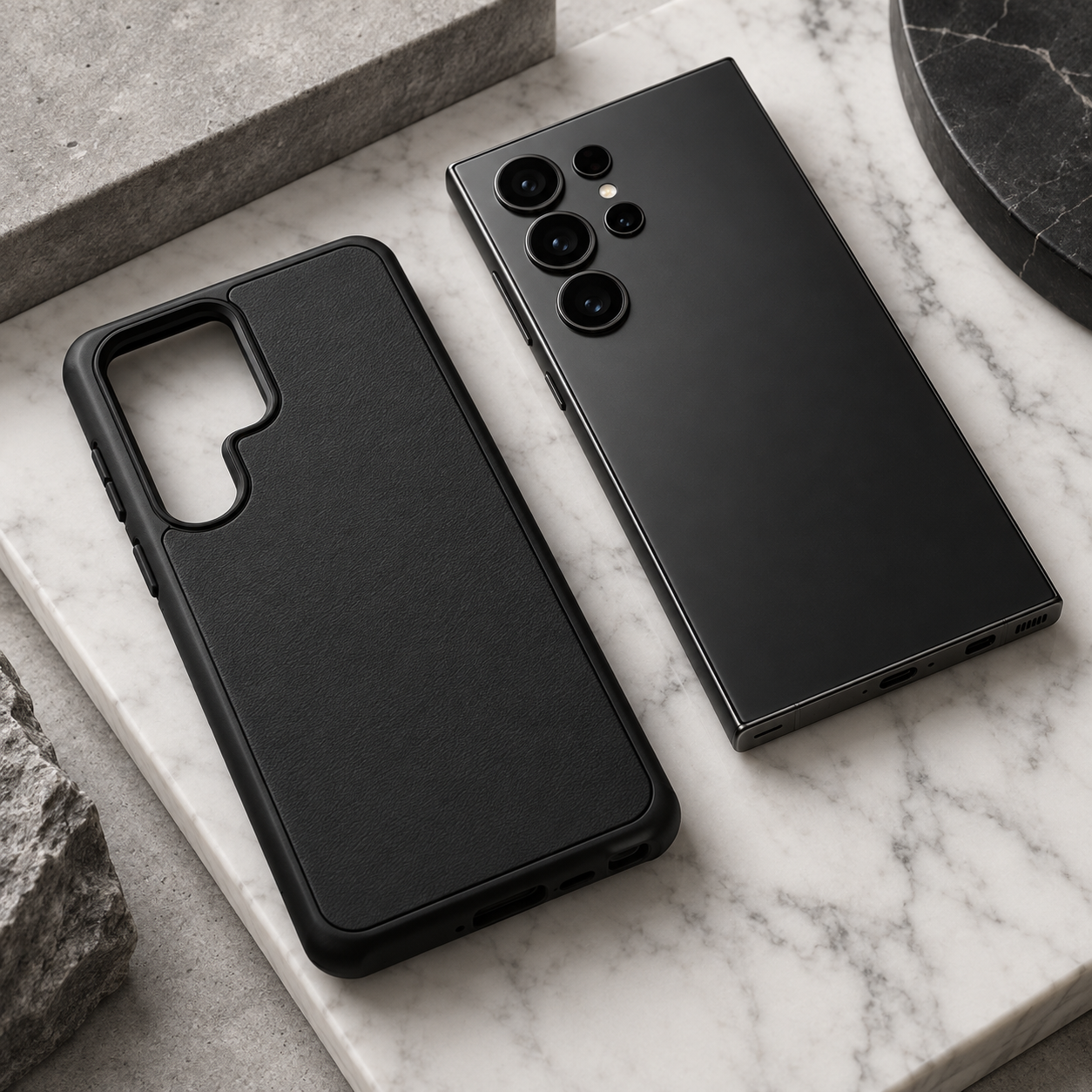 Minimal black Samsung phone case on stone and marble